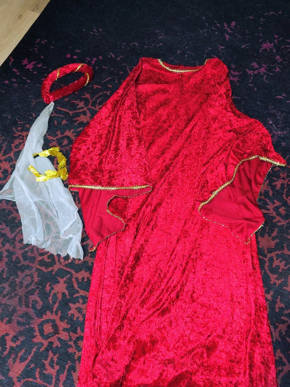Red Velvet Adult Costume Dress with Gold Trim and Veil